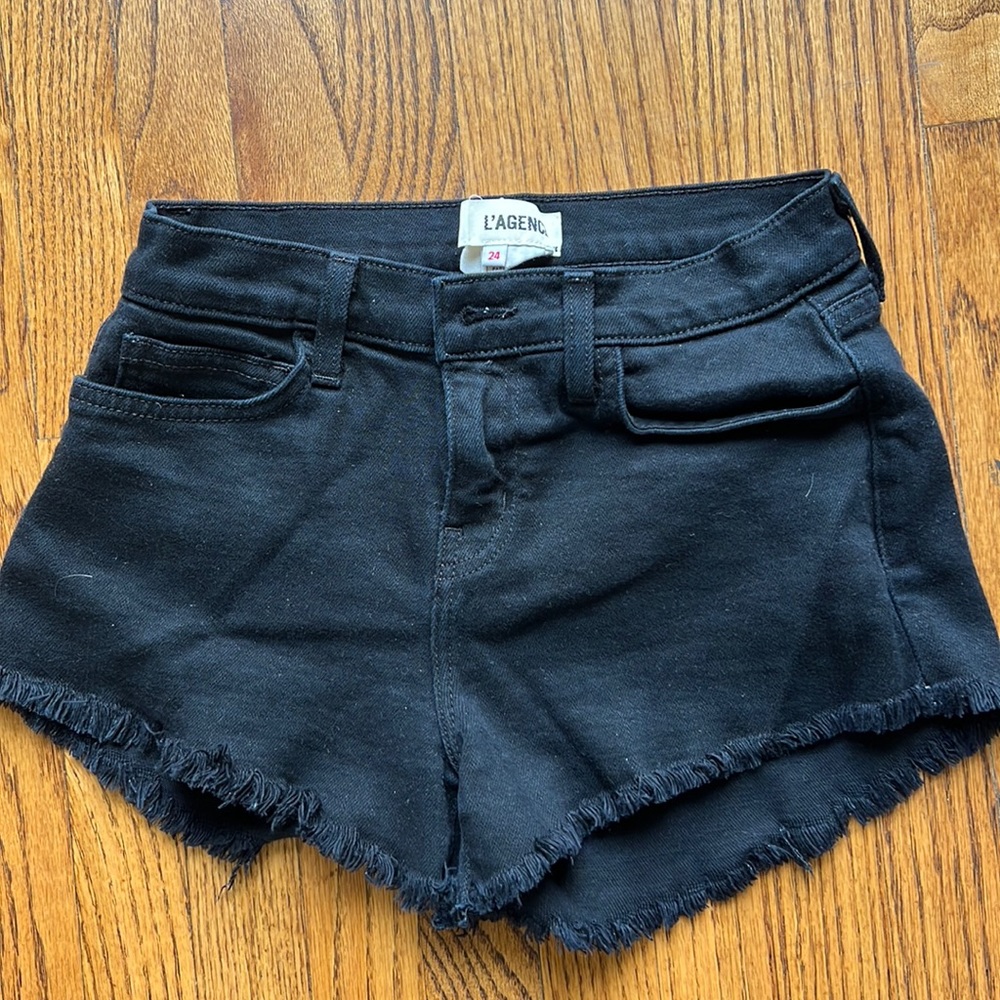 L’Agence stretchy black denim shorts mid rise
